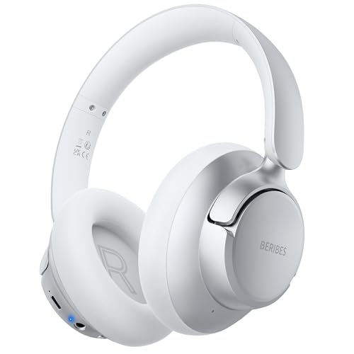 BERIBES Hybrid Active Noise Cancelling Headphones Wireless Over Ear 70Hours | Foldable Bluetooth 6.0,Transparent Modes,3.5MM Cable,Lightweight Built-in Mic,HiFi Stereo Deep Bass,Soft-Earpad,Fast Charging - color: Silver