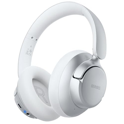 BERIBES Hybrid Active Noise Cancelling Headphones Wireless Over Ear 70Hours | Foldable Bluetooth 6.0,Transparent Modes,3.5MM Cable,Lightweight Built-in Mic,HiFi Stereo Deep Bass,Soft-Earpad,Fast Charging - color: Silver