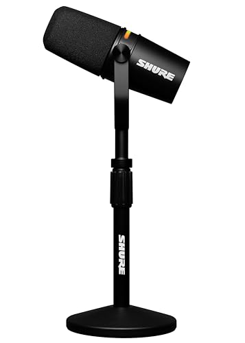 Shure MV7+ USB-C & XLR Podcast Dynamic Mic with Stand - Black | OBS-certified USB-C and XLR dynamic mic with stand, LED touch panel, auto level and pop filter for podcasting