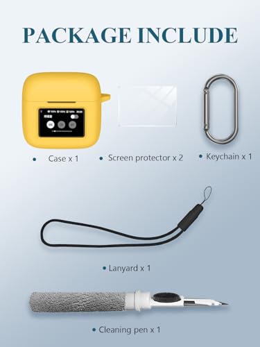 Case for JBL Tour Pro 3 -True Wireless Noise Cancelling Earbuds, WUNIAK Soft Silicone Protective Portable Scratch Shock Resistant with 2pack Screen Protector &Cleaner Kit & Carabiner & Lanyard，Yellow - color: YELLOW