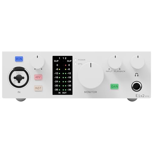TOPPING E1X2 OTG USB Audio Interface | XLR Mic Preamp, 48V Phantom Power, 24bit/192kHz, 8 DAW/6 Loopback Channels, PC & Mobile Recording, Dual Livestream, Zero-Latency Mixer, High-Res Playback(White)