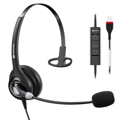 Arama USB Headset with Microphone (A600MONO) – Noise Cancelling, Inline Volume & Mute Control, USB-A & USB-C Compatible for Computer, Laptop, Mac, Zoom, Teams, Skype