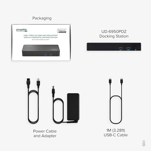 Plugable 12-in-1 USB C Triple 4K Docking Station, Three Displays with 3X HDMI or DisplayPort, Compatible with Mac M1 - M5 & Neo, Windows, Thunderbolt, USB4, USB-C (100W PD, 6X USB Ports, Ethernet)