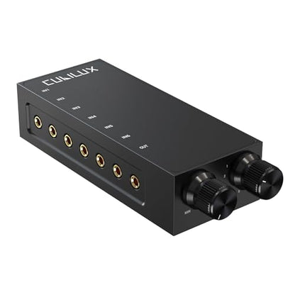 3.5mm 6-in-1 Stereo Audio Switcher with Volume Control & Mute, 6 Input to 1 Output Audio Selector Box for Headphones, Speakers, Laptop, PC, Smartphone, and Tablet