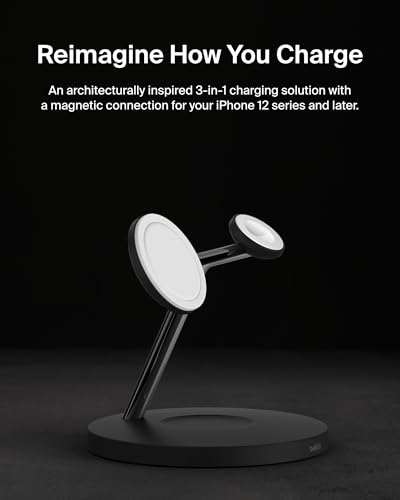 Belkin MagSafe 3 in 1 Wireless Charging Stand, 2nd Gen, 33% Faster | Apple Watch, iPhone 16/15/14, AirPods compatible, multi-device charging station, faster charging, Magnetic - color: Black, style: Chrome Finish