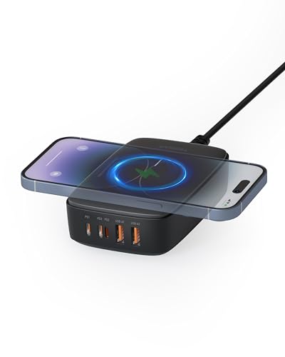 TESSAN 65W USB Charging Station, 6-in-1 USB Charger with Wireless Charging | 15W fast wireless charging compatible with iPhone 17/16/15, 2 USB C, 2 USB A for Tablet and Laptop, Home Office Accessories