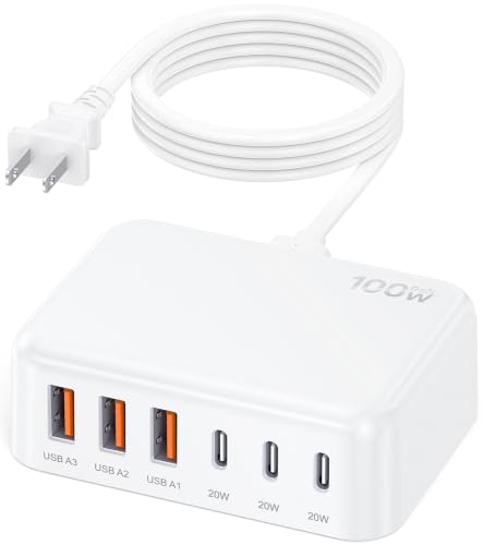100W 6 in 1 USB Charger, 50% Smaller Charging Station for Multiple Devices | Fast Charging Blocks with Type C Port, USB Charging Hub Organizer Multiport Power Strip for iPhone,Samsung,Ipad,Kindle,Travel - color: A-White