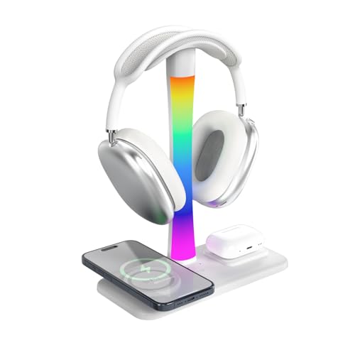 Headphone Stand with Wireless Charger,Gaming Headset Stand with RGB Light Mode,for iPhone17/16/15/14,Gifts for Gamers & Music Lover (White) - color: White