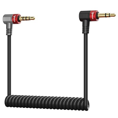 1 Pack Coiled Retractable 3.5mm 1/8 Aux TRS to 4 Pole TRRS Microphone Audio Patch Cable 20 Inch,90 Degree Angled Headphone Adapter Cord for Rode SC7,VideoMic, VideoMicro Go, BOYA & More External Mic