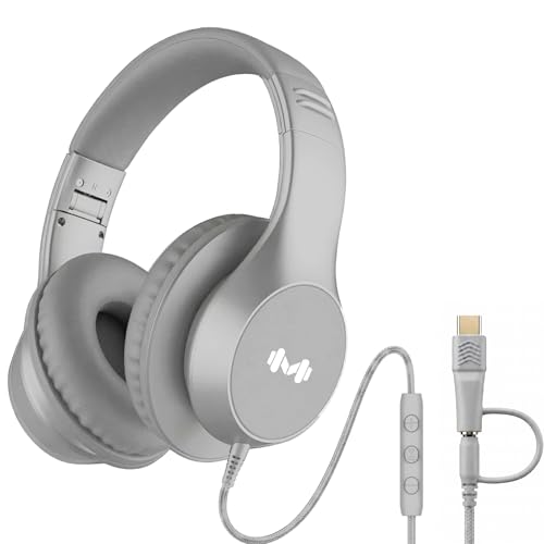 Wired Over-Ear Headphones, Mic, 3.5mm Jack, USB-C Adapter, Silver | Foldable over-ear headphones with soft cushions, inline mic, 3.5mm jack, and USB-C adapter for school, office, and travel. - color: Silver