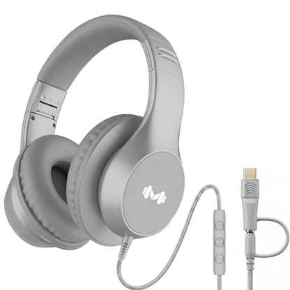 Wired Over-Ear Headphones, Mic, 3.5mm Jack, USB-C Adapter, Silver | Foldable over-ear headphones with soft cushions, inline mic, 3.5mm jack, and USB-C adapter for school, office, and travel. - color: Silver