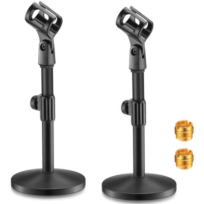 2 Pcs Desktop Microphone Stand Adjustable Table Mic Stand Mic Clip Mic Stand Desk with 5/8" Male to 3/8" Female Screw Metal Round Base for Table Desk Interviews, Black