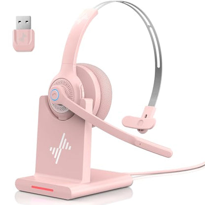 Bluetooth Wireless Headset with Mic for Work, Bluetooth 5.2, Advanced Noise Reduction Microphone, Clear Calls - Comfortable On-Ear Headphones, Applicable to PC, Laptop, Phone, Android, Zoom, Office - color: Pink