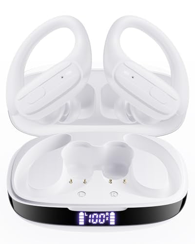 LEEMC Wireless Earbuds, Bluetooth Headphones 5.4, 80Hr Playtime Ear Buds with Hooks for Sports, Noise Canceling, LED Display, IPX7 Waterproof Earphones for Workout Running, Purewhite