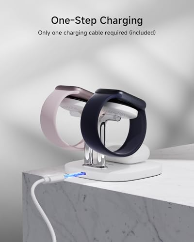 3 in 1 Dual Watch Wireless Charger Stand for Apple Watch Ultra/11 & AirPods | Dual magnetic watch charging, 5W Fast watch charge, Ergonomic design, Chrome plated plastic stand, Multi safety guard, 704A - color: White & Silver