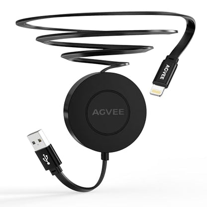 AGVEE 0.3ft Fixed / 2.3ft Extend Single-End Retractable Lightning Cable | Desk-Mounted, Pocket Size, 2.4A Fast Charger Cord for iPhone 14/13/12/11/XS/8/7/6/5, iPad, iPod, Cord Organizer - size: 0.3ft Fixed / 2.3ft Extend, style: A to Lightning
