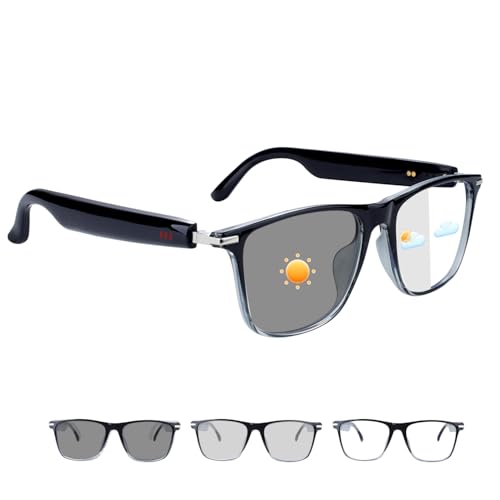 Smart Glasses for Women Clear Gray Frame Open-Ear Bluetooth Glasses | Built-in Mic and Speaker, Photochromic Lenses, Touch Control Hands Free Call, Voice Assistant Compatible with Android & IOS - color: Gray