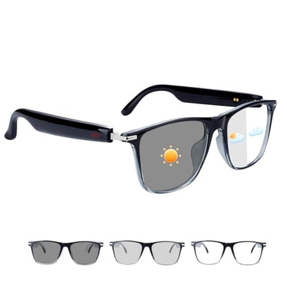 Smart Glasses for Women Clear Gray Frame Open-Ear Bluetooth Glasses | Built-in Mic and Speaker, Photochromic Lenses, Touch Control Hands Free Call, Voice Assistant Compatible with Android & IOS - color: Gray