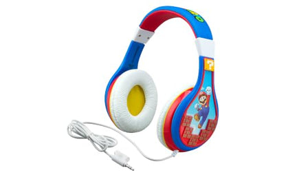 eKids Super Mario Kids Headphones, Adjustable Headband, Stereo Sound, 3.5Mm Jack, Wired Headphones for Kids, Tangle-Free, Volume Control, Childrens Headphones Over Ear for School Home, Travel | Adjustable Headband - color: Super Mario