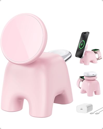 Magnetic Wireless Charging Station, Charger Stand for iPhone Apple Watch | 2026 2 in 1 Foldable Charger Stand 15W for iPhone 17 16 15 14 13 12 Pro Max, 5W for Apple Watch&Airpods, 30W Adapter included - color: Pink