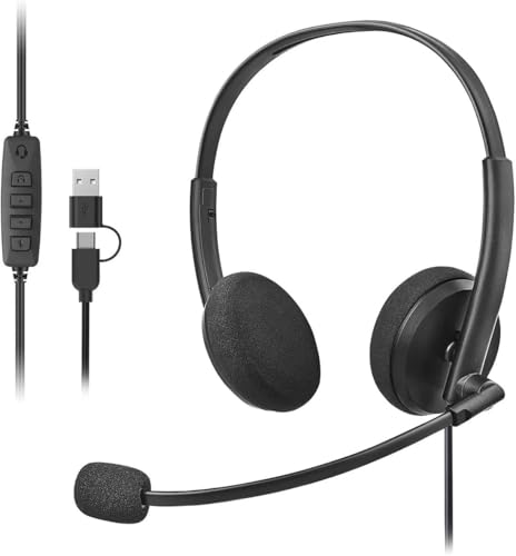 doudou USB Computer Headset with Noise Cancelling Microphone for PC, Call Center Headphones for Office Zoom Skype Teams, Online Class, Lightweight with USB/Type-c Jack & Volume Control