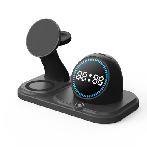 6 in 1 Wireless Charger for Apple Device，with Clock & 5 Color Ambient Light, Comes with Speakers,Nightstand Charger Station for iPhone 17/16/15/14/13/12/iWatch Series/AirPods (Black) - color: Black