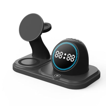 6 in 1 Wireless Charger for Apple Device，with Clock & 5 Color Ambient Light, Comes with Speakers,Nightstand Charger Station for iPhone 17/16/15/14/13/12/iWatch Series/AirPods (Black) - color: Black