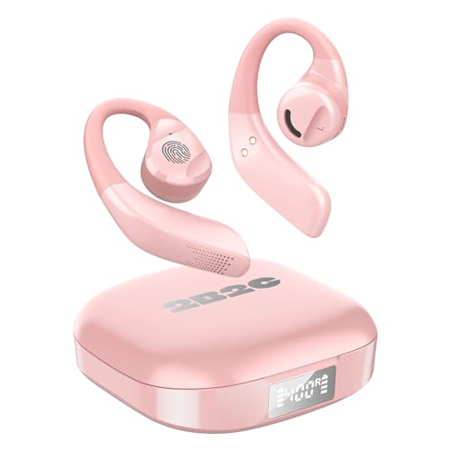 Open Ear Headphones, Wireless Earbuds with Smart Digital Display, Lightweight Design Air Conduction Earbuds with Mic Fit Cycling, Running, Workout (Pink) - color: Pink
