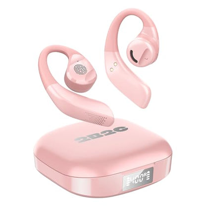 Open Ear Headphones, Wireless Earbuds with Smart Digital Display, Lightweight Design Air Conduction Earbuds with Mic Fit Cycling, Running, Workout (Pink) - color: Pink