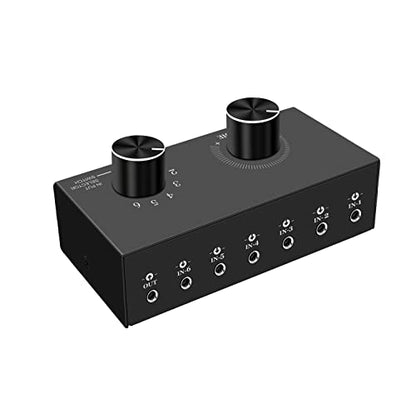 6방향 오디오 스위치, 3.5mm (1/8인치) 스테레오 오디오 스위치, 플러그 앤 플레이, PC, 노트북, MP3, MP4, 헤드폰, 게임 시스템 등과 호환됩니다. (6"-1 아웃) - style: 3.5mm(1/8인치) 오디오 스위처