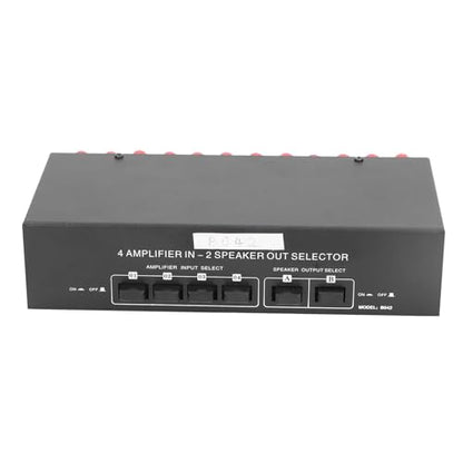 Passive Selector Switch 4 Amplifier in 2 Speaker Out Audio Selector Box, Manual Button Switch for Stereo System, 300W per Channel, Aluminum Alloy Housing with Banana Plug