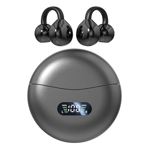 Open Ear Clip Headphones Wireless Earbuds Bluetooth 5.4 Sports Earphones Wireless Charging Case & LED Power Display Waterproof Fitness Headphones for Running (Black) - color: Black