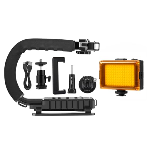 PULUZ U/C Shape Video Action Stabilizing Handle Grip Handheld Stabilizer Kit with Phone Clamp & LED Studio Light for Canon Sony Nikon Cameras and Home DV Camera Smartphones - style: stabilizer kits 3