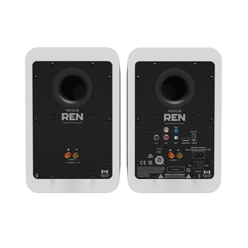Kanto REN MW Bluetooth Powered Bookshelf Speakers - Matte White Pair S6W Angled Desktop Speaker Stands for Large Speakers - White Pair (2024) - size: REN MW, style: S6W