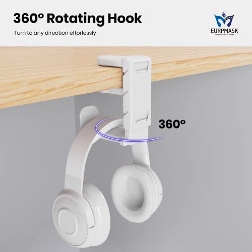 EURPMASK 3-in-1 Rotating Headphone Stand w/2 Detachable Controller Holders | Adjustable Clamp-on Headset Holder Hanger,360°Swivel,Gaming Headset Hanger,Cable Organizer,Keep Headphones Secure&Desk Tidy - color: White Pro