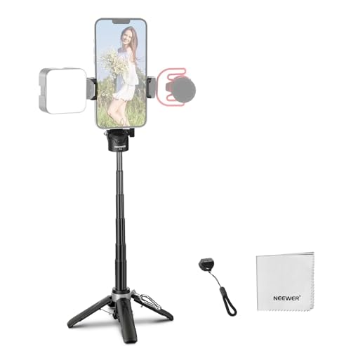 NEEWER Selfie Stick Tripod for iPhone, Lightweight Foldable Mini Travel 360° Desk Stand with Cell Phone Holder Cold Shoe for Video Recording Vlog Streaming, Remote Shutter & Cleaning Cloth, P15 Black