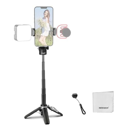 NEEWER Selfie Stick Tripod for iPhone, Lightweight Foldable Mini Travel 360° Desk Stand with Cell Phone Holder Cold Shoe for Video Recording Vlog Streaming, Remote Shutter & Cleaning Cloth, P15 Black