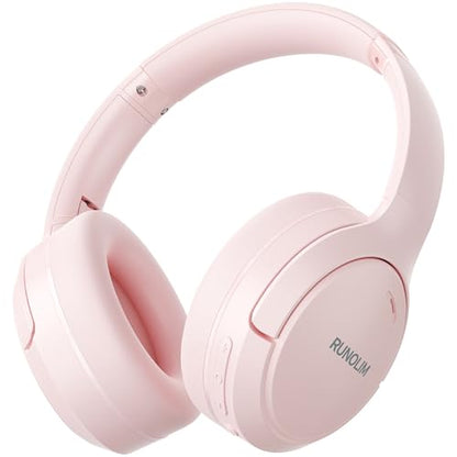 RUNOLIM Hybrid Active Noise Cancelling Headphones, Wireless Over Ear Bluetooth Headphones with Microphone, 100H Playtime, Foldable Headphone with HiFi Audio, Deep Bass for Home Travel Office（Pink） - color: Pink