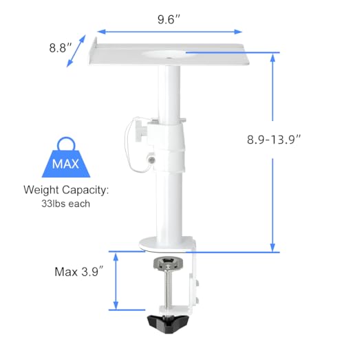 suptek Clamp-on Speaker Stand Desk Mount Set, Height Adjustment, Tilt, Swivel, 9.6 x 8.8 inch Trays, Universal Audio Holders for Computer and Bookshelf Speakers, Elevated Sound, 2 Pack, White, SDM001W - color: White, size: 9.6 x 8.8x 13.9"(h)