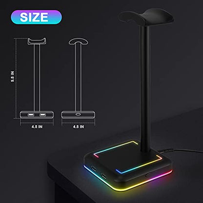 Headphone Stand, RGB Gaming Headset Holder with 2 USB Charger Ports & 10 Lighting Modes for Desktop PC Game Earphone Accessories