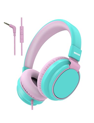 MIDOLA Kids Headphone Wired Volume Limited 85/94dB Over-Ear/On-Ear Foldable Headset with Microphone Hearing Protection Headphones for Toddler Boy Girl Child School Learning Pad Tablet Cyan | Adjustable Headband Foldable Over-Ear Lightweight for Toddler Gi