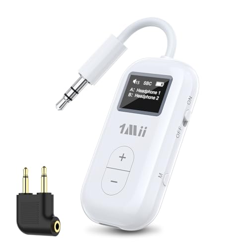 1Mii SafeFly Dual | Airplane Bluetooth Adapter for AirPods or Headphones, Bluetooth Transmitter with Screen, Volume Control, aptX Adaptive & HD, 3.5mm Aux Audio Jack for Airplane, Travel Flight