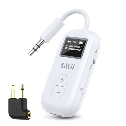 1Mii SafeFly Dual | Airplane Bluetooth Adapter for AirPods or Headphones, Bluetooth Transmitter with Screen, Volume Control, aptX Adaptive & HD, 3.5mm Aux Audio Jack for Airplane, Travel Flight