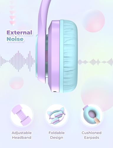 iClever HS20 Kids Headphones for Toddler Girls, Cat Ear LED Light Up School | SafeSound Tech, 3.5mm Wired Foldable, Stereo Sound, Over-Ear Headphones for Kids for iPad/Tablet/Travel/Gift, Light Purple - color: Light Purple