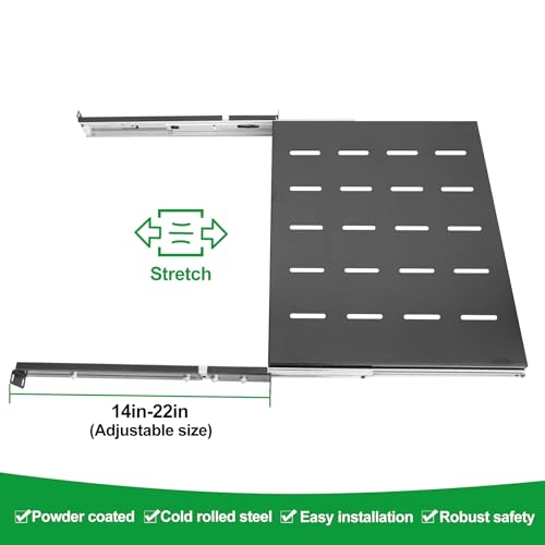GlobalRack 1U Sliding Shelf,14-22" Adjustable, Double-Sided, Soft-Close - size: 350
