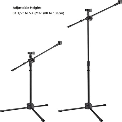 Adjustable Microphone Tripod Stand 31" To 53", 360-Degree Rotatable Boom Arm 2 Microphone Clips Foldable & Stable Design Boom Mic for Band Practice, Music, Speeches, Stage, Live Stream (1)