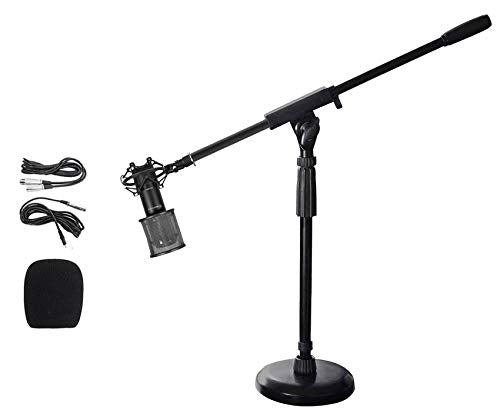Rockville RCM01 Podcast Condenser Mic with RockPop Curve, RDMS70 Boom Stand | 25mm Cardioid, 30Hz-20kHz, 48V Phantom Power, XLR/3.5mm Cables, Shock Mount, Steel Round Desktop Base, Streaming, 3-Items