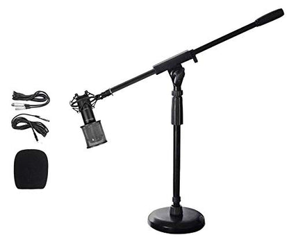 Rockville RCM01 Podcast Condenser Mic with RockPop Curve, RDMS70 Boom Stand | 25mm Cardioid, 30Hz-20kHz, 48V Phantom Power, XLR/3.5mm Cables, Shock Mount, Steel Round Desktop Base, Streaming, 3-Items