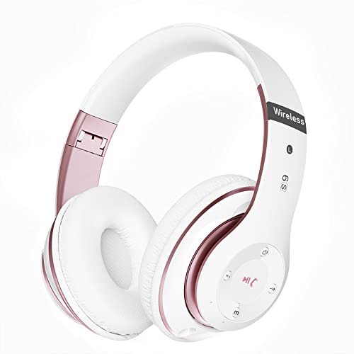 Bluetooth Headphones Over Ear, 6S Foldable Wireless Headphones with 6 EQ Modes, 40 Hours Playtime HiFi Stereo Headset with Mic, Soft Ear Pads, TF/FM for Cellphone/PC/Home (White & Rose Gold) - color: Rose Gold