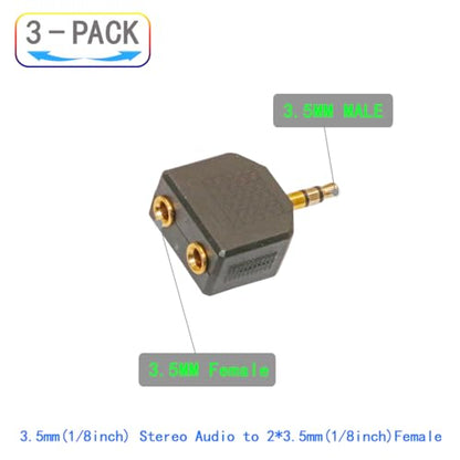 3.5mm Audio Splitter Adapter, 1/8 inch Male to 2X Female Y-Connector, 3-Pack
